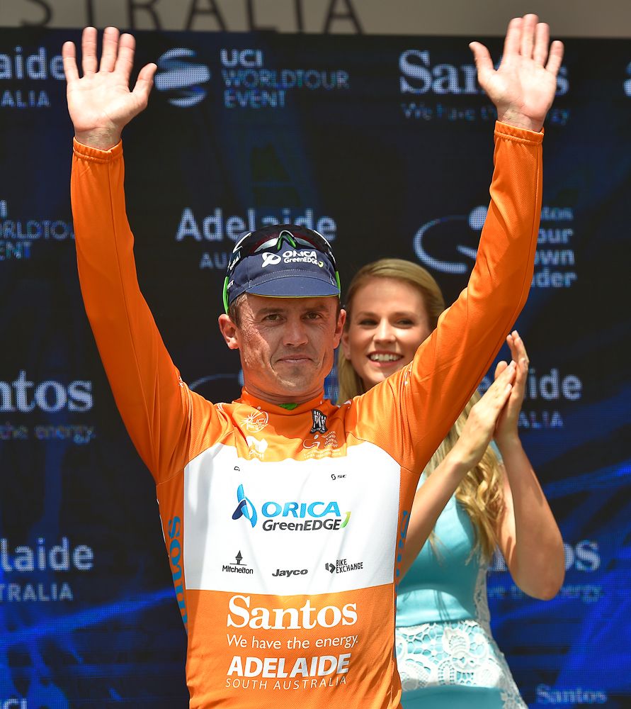 Simon Gerrans in the ochre jersey following stage 3.