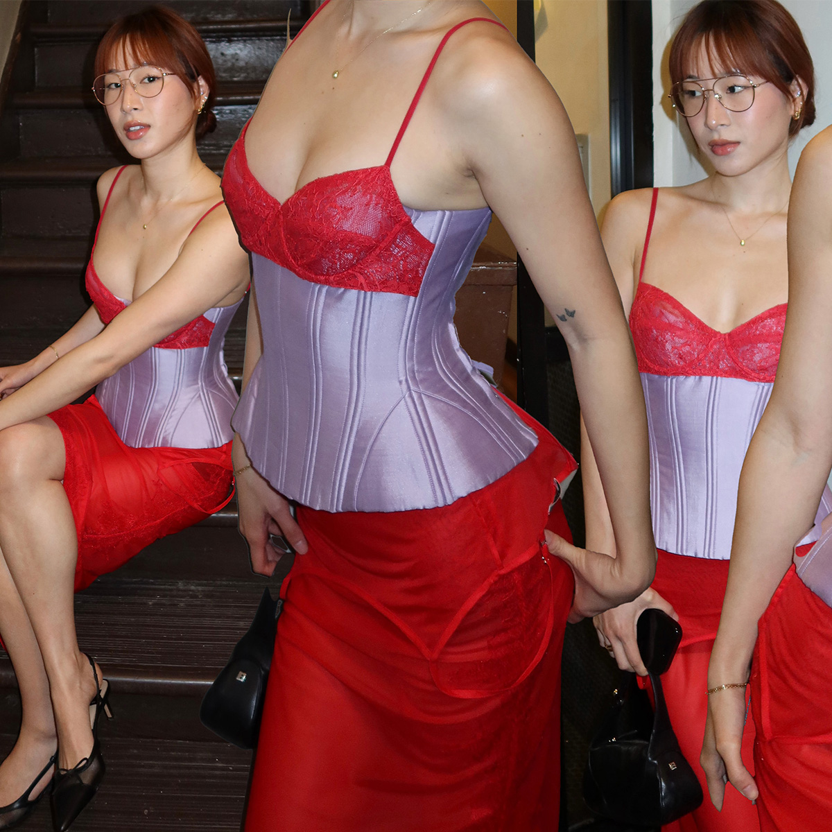 Kristina Ang wearing a red-and-purple lingerie dress. 