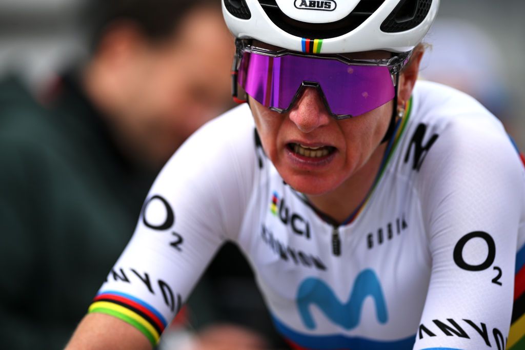 HUY BELGIUM APRIL 19 Annemiek Van Vleuten and Movistar Team reacts after cross the finish line during the 26th La Fleche Wallonne Feminine 2023 a 1273km one day race from Huy to Mur de Huy UCIWWT on April 19 2023 in Huy Belgium Photo by David StockmanGetty Images