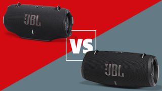 JBL Xtreme 4 vs JBL Xtreme 3 graphic on a grey and red background