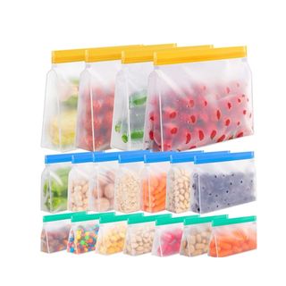 Multicolored silicone bags with different colored food items in them
