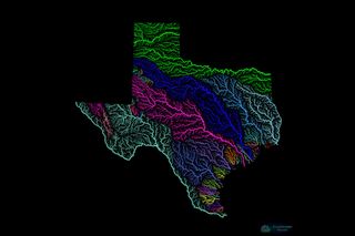 The Lone Star State gets the rainbow treatment in this map showing Texas' drainages.