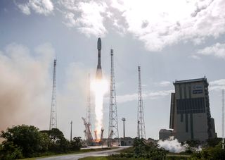 An Arianespace Soyuz rocket launches the SES-15 communications satellite into orbit in May 2017. Arianespace will use a Soyuz to launch four new O3b mobile communications satellites into orbit on March 9, 2018 from the Guiana Space Center in Kourou, Frenc