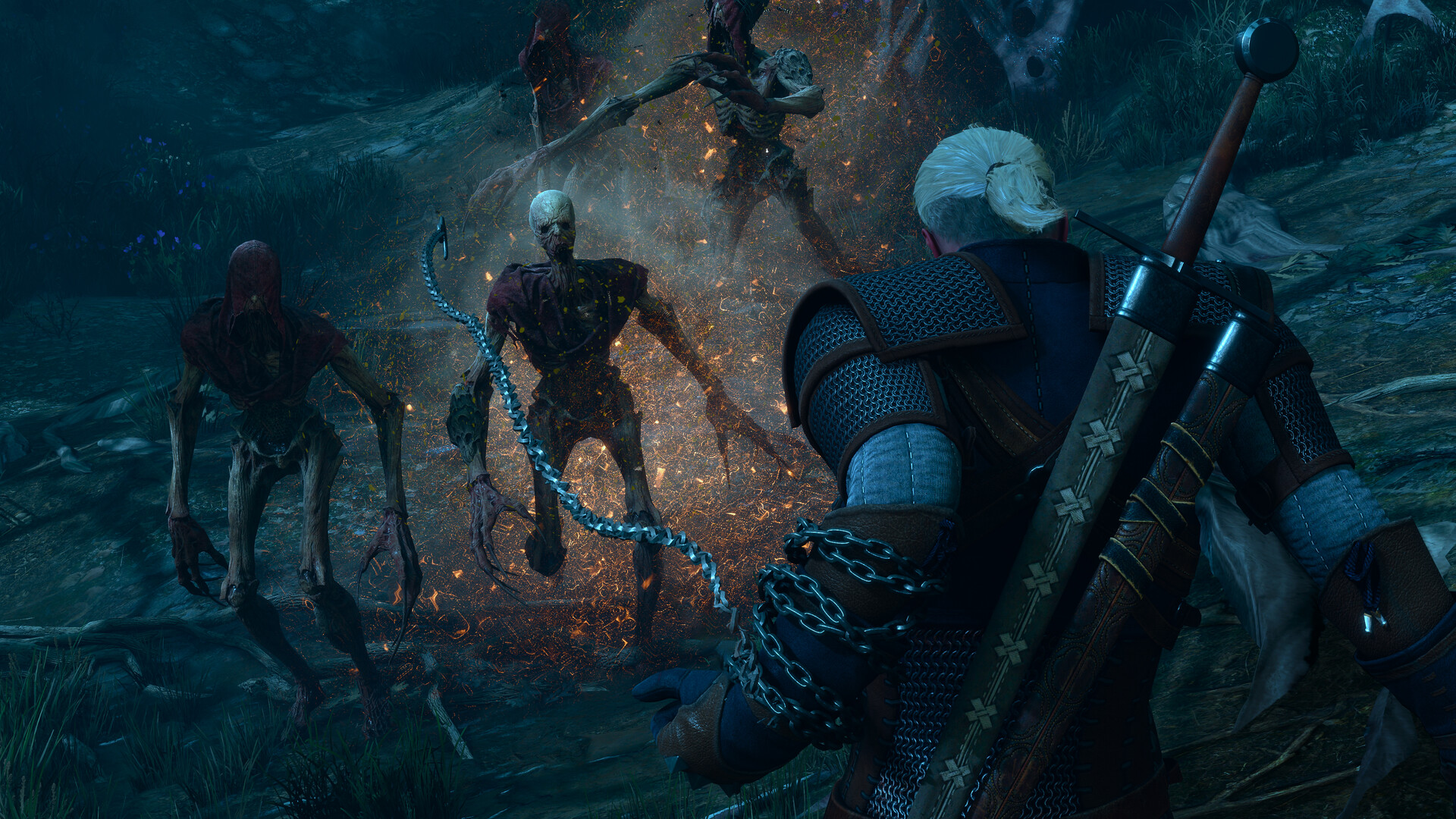 Geralt's silver chain, partially wrapped around his arm, lashes out at a trio of undead enemies as they approach him on a gloomy night.