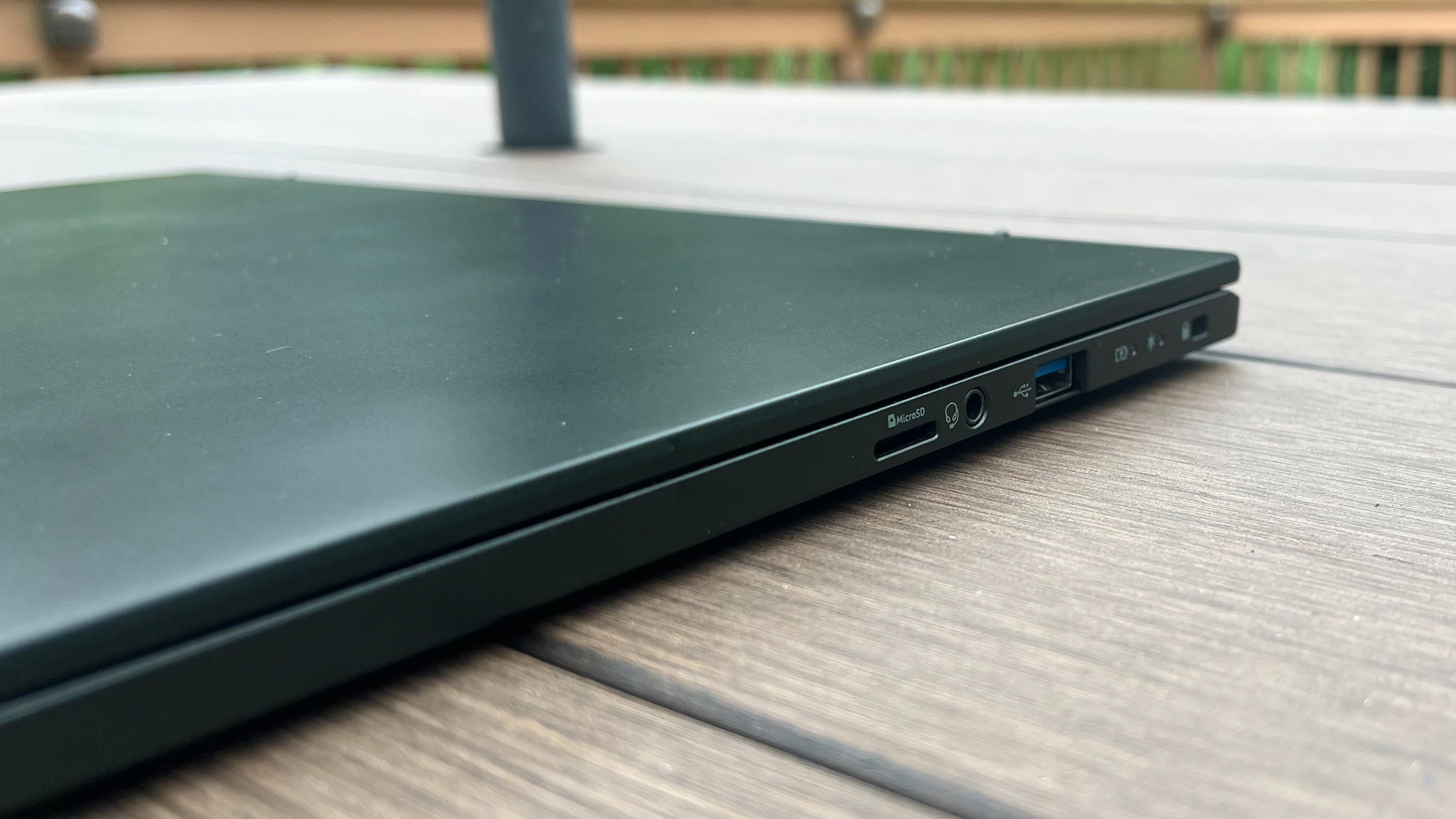 Acer Swift Edge 16 on a picnic table outdoors