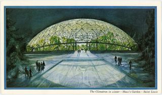 Unknown artist. “The Climatron in winter–Shaw’s Garden–Saint Louis.” c. 1960. Postcard. 4 × 8″ (10.2 × 20.3 cm). The Missouri Botanical Garden Archives