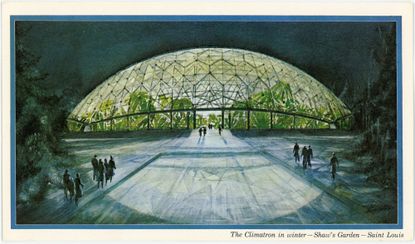 Unknown artist. “The Climatron in winter–Shaw’s Garden–Saint Louis.” c. 1960. Postcard. 4 × 8″ (10.2 × 20.3 cm). The Missouri Botanical Garden Archives, , as part of the 'Emerging Ecologies' exhibition
