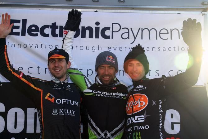 Supercross Cup 2 men's podium (L-R): Jeremy Durrin (Optum p/b Kelly Benefi Strategies), 2nd; Tim Johnson (Cannondale p/b Cyclocrossworld), 1st; Kerry Werner Jr (MOB CX Team) 3rd