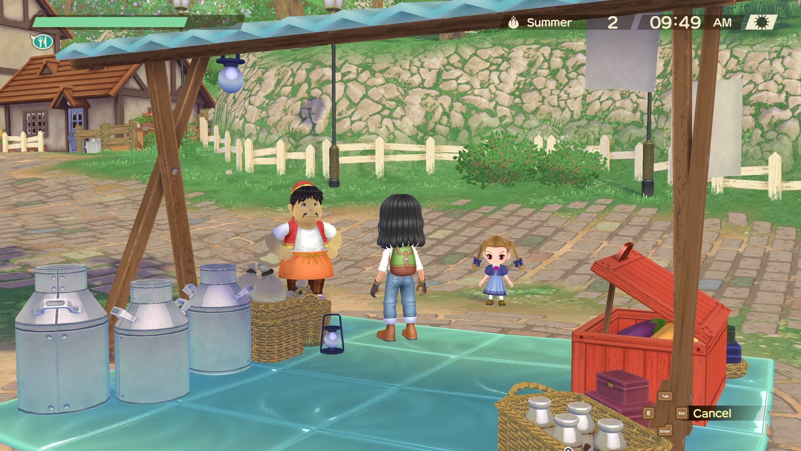 Story of Seasons: A Wonderful Life - a player stands underneath the canopy of their market stall in town while two characters wait to be helped