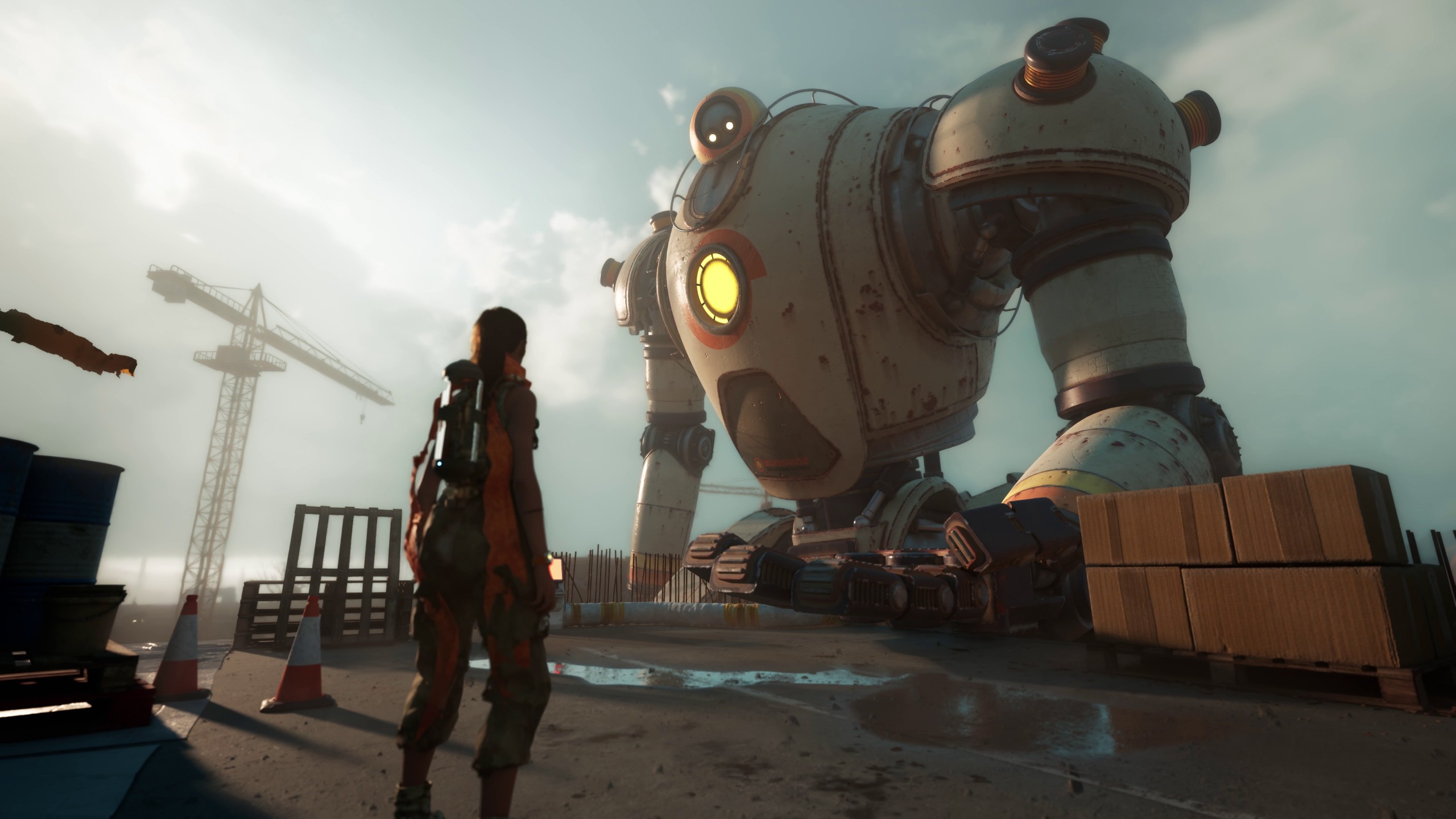 Giant robot looking at person