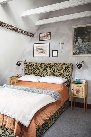 Bedroom with headboard in Morris & Co fabric