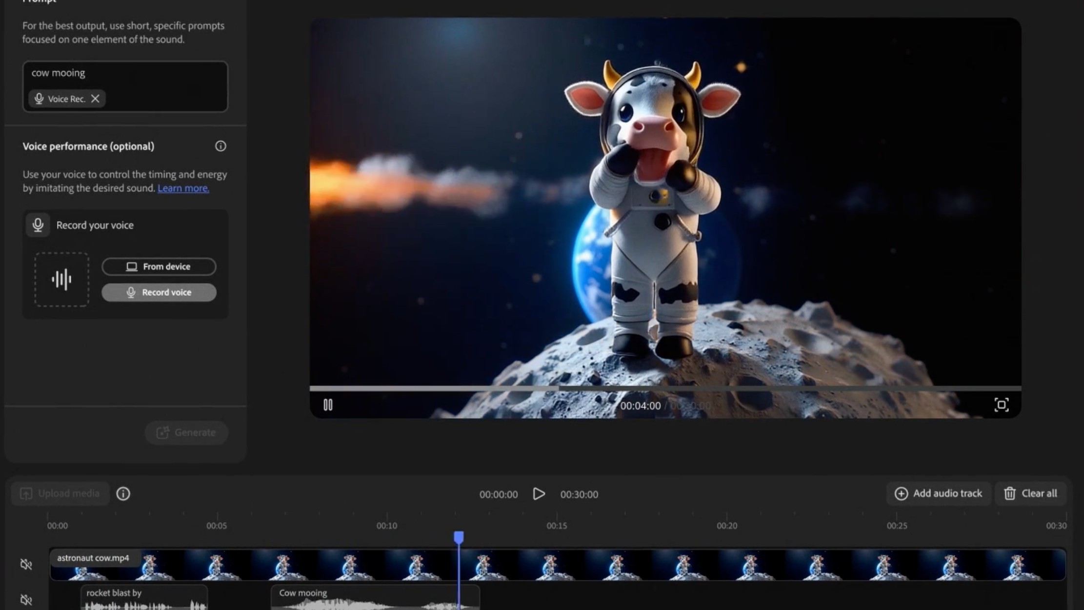Image generated with Adobe Firefly showing a cartoon cow in an astronaut suit standing on the moon with Earth in the background, with controls for voice recording and a timeline with video and audio tracks visible below