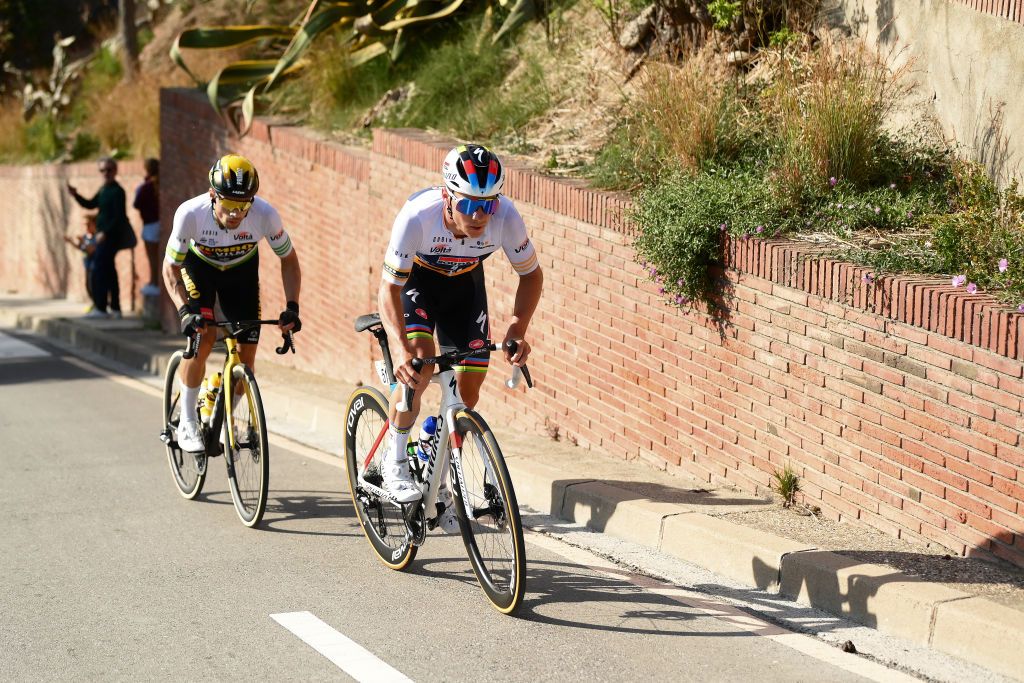 MOLINS DE REI SPAIN MARCH 25 Remco Evenepoel of Belgium and Team Soudal QuickStep Yellow Best Young Rider Jersey and Primoz Roglic of Slovenia and Team JumboVisma Green Leader Jersey compete in the breakaway during the 102nd Volta Ciclista a Catalunya 2023 Stage 6 a 1741km stage from Martorell to Molins de Rei UCIWT on March 25 2023 in Molins de Rey Spain Photo by David RamosGetty Images