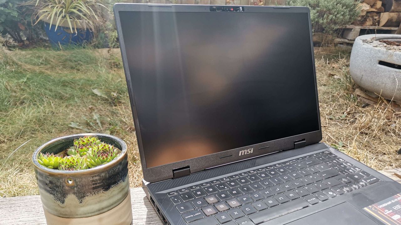 An MSI gaming laptop outdoors.