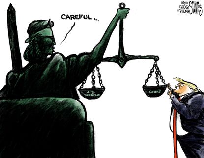 Political cartoon U.S. Trump Supreme Court Anthony Kennedy scales
