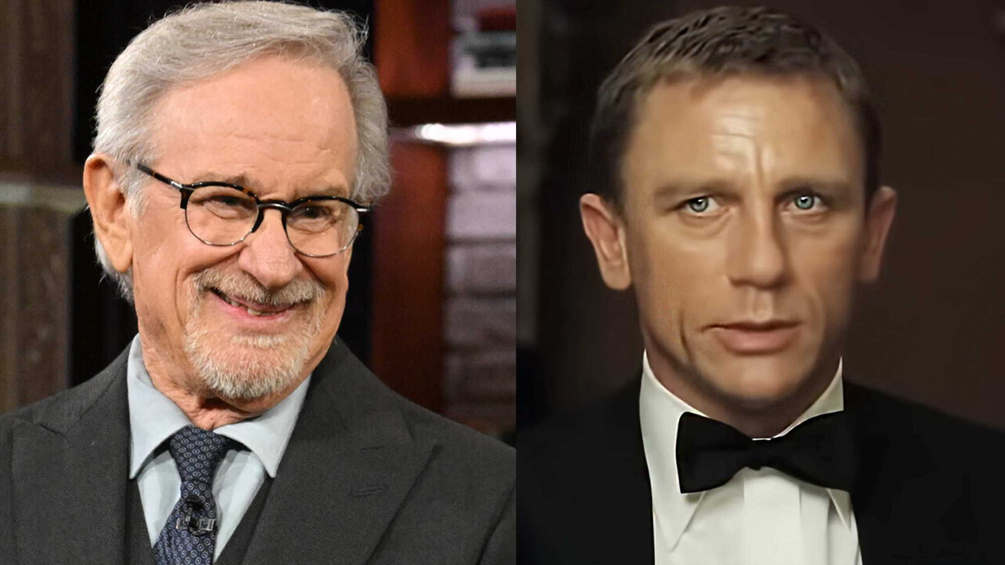 Press image of Steven Spielberg from The Late Show and a screenshot of Daniel Craig in Casino Royale