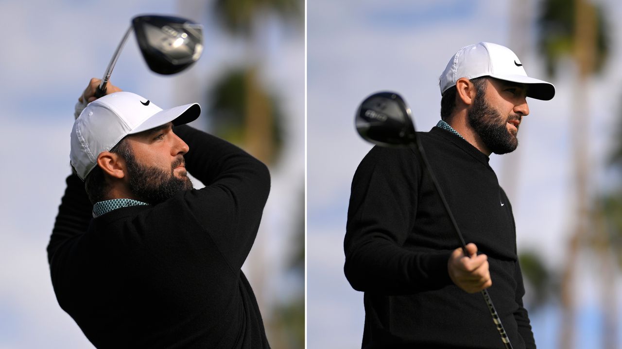 Two images of Scottie Scheffler holding his finish on a drive and looking where it went