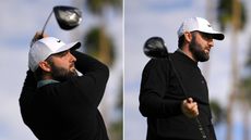 Two images of Scottie Scheffler holding his finish on a drive and looking where it went