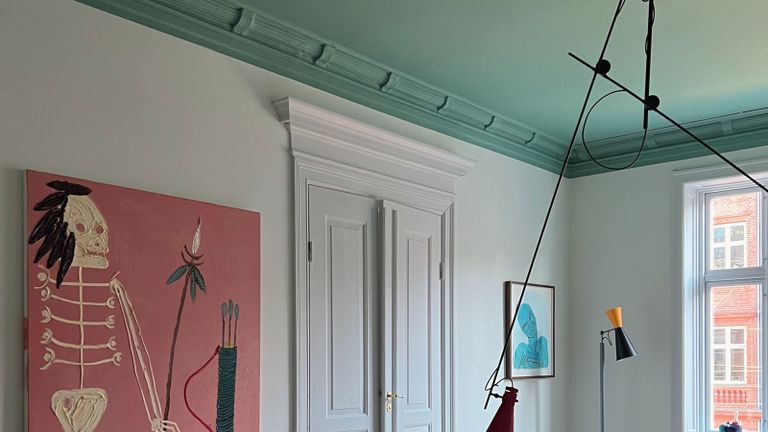 a teal painted ceiling
