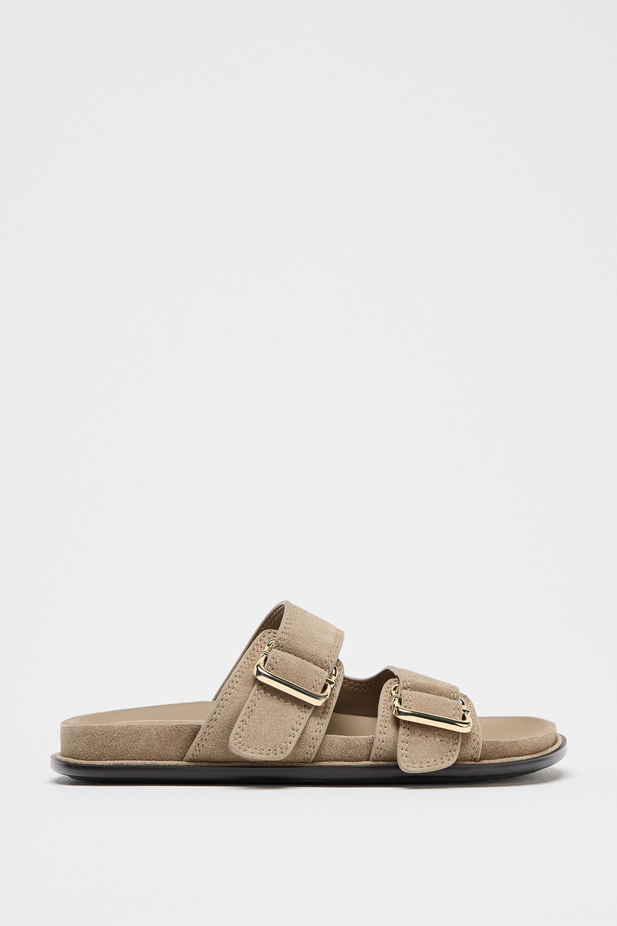 Split Leather Strappy Flat Sandals