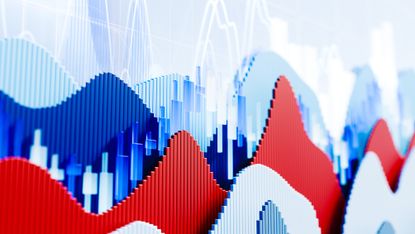 Digitally generated visualization of up-and-down financial markets.