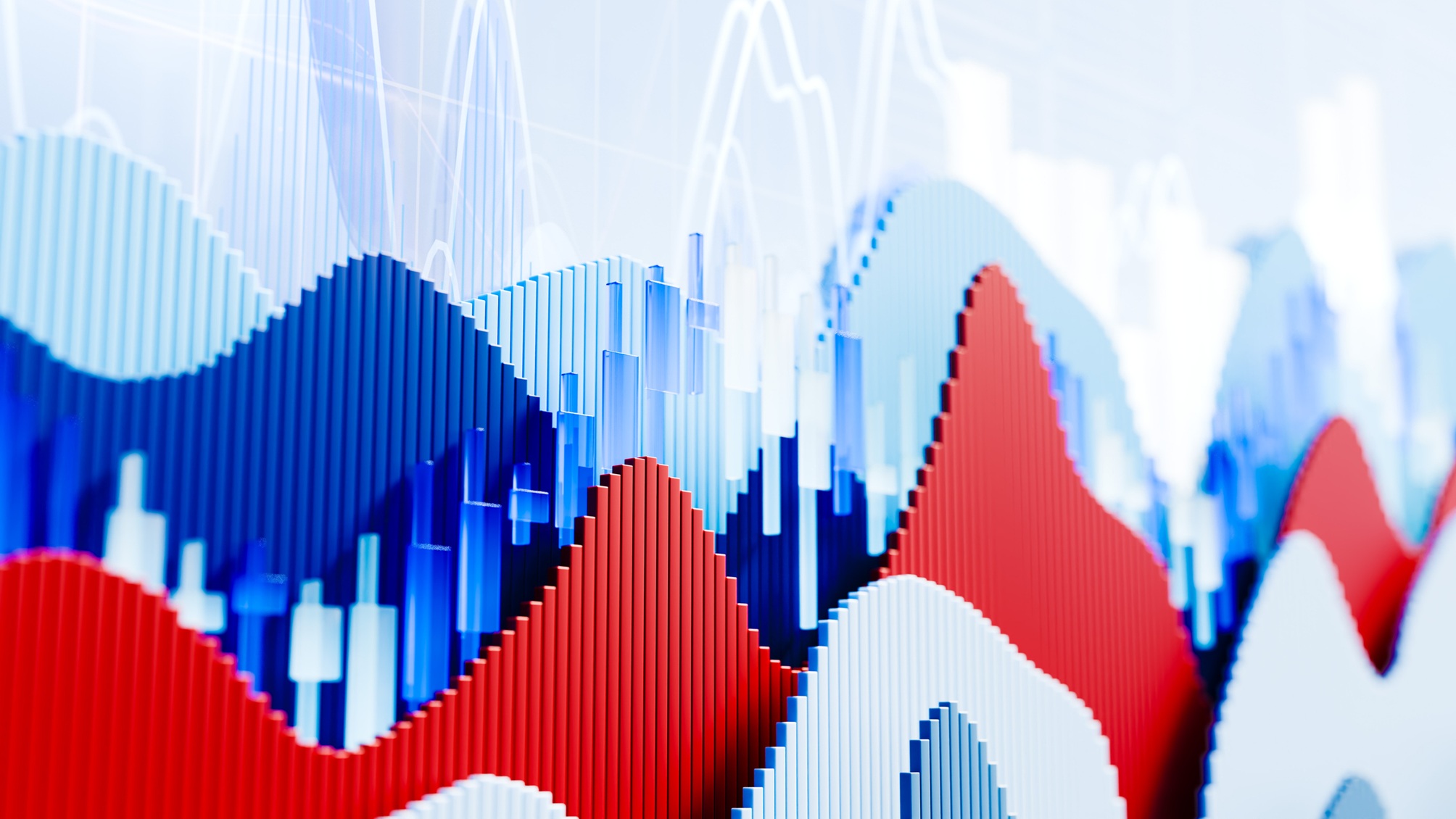 Digitally generated visualization of up-and-down financial markets.