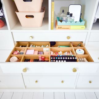 wardrobe with open drawer and organisation