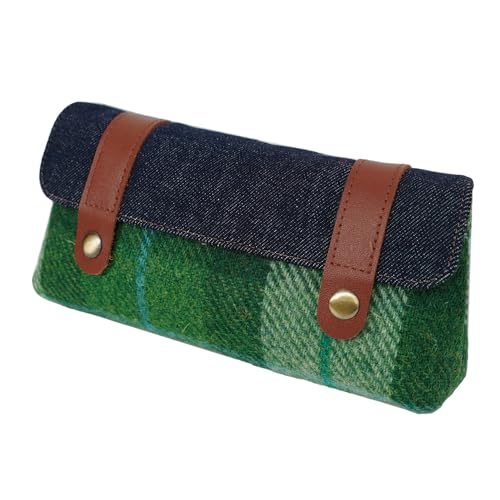 Tailormap Harris Tweed Pencil Case, Vintage Wool Pencil Pouch With Denim Flap & Dual Snap Closure, Large Capacity Pen Organizer