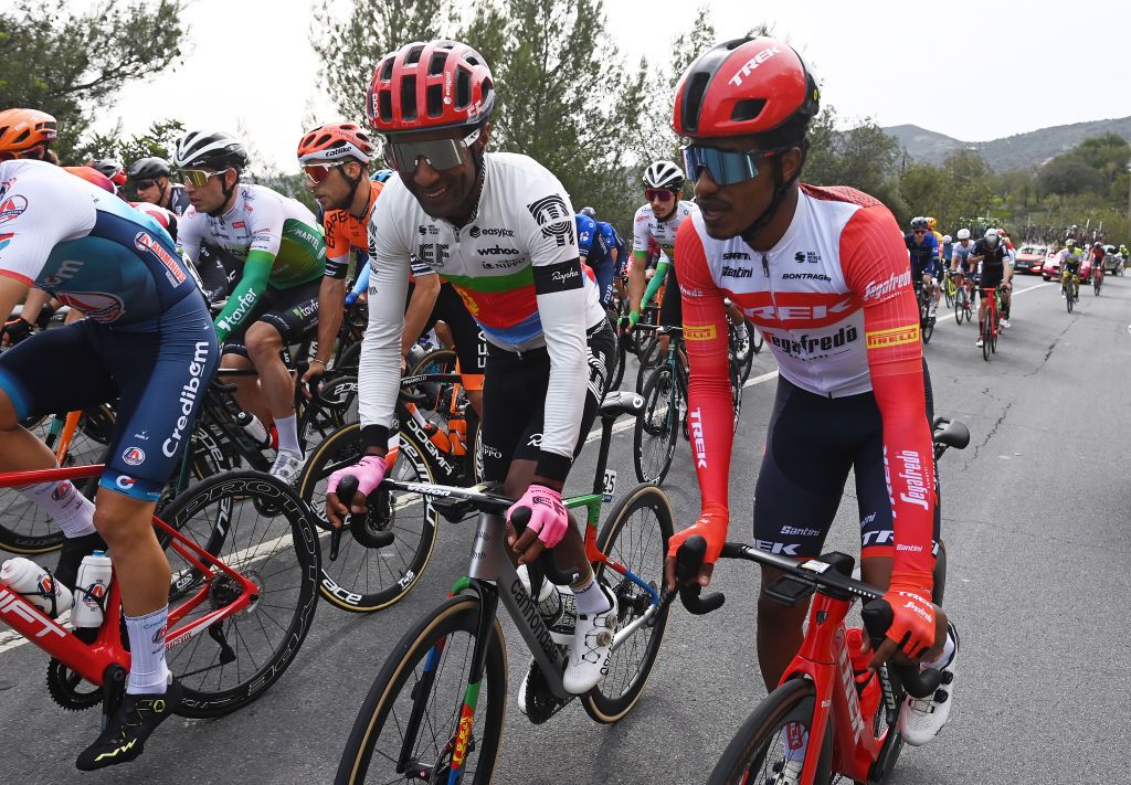 TAVIRA PORTUGAL FEBRUARY 17 LR Merhawi Kudus of Eritrea and Team EF Education Easypost and Natnael Tesfatsion of Eritrea and Team Trek Segafredo compete during the 49th Volta ao Algarve em Bicicleta 2023 Stage 3 a 2031km stage from Faro to Tavira VAlgarve2023 on February 17 2023 in Taviria Portugal Photo by Tim de WaeleGetty Images