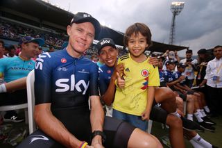 Chris Froome and Egan Bernal greet fans at a team presentation ahead of the Tour of Colombia in 2019