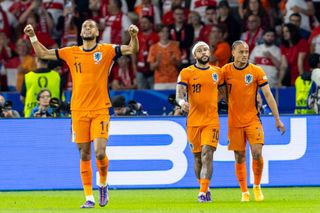 Cody Gakpo, Memphis Depay, Xavi Simons are celebrating scoring a goal during the UEFA Euro 2024 Quarter-Final match between Netherlands v Turkiye, at the Olympiastadion Berlin in Berlin, Germany, on July 6, 2024