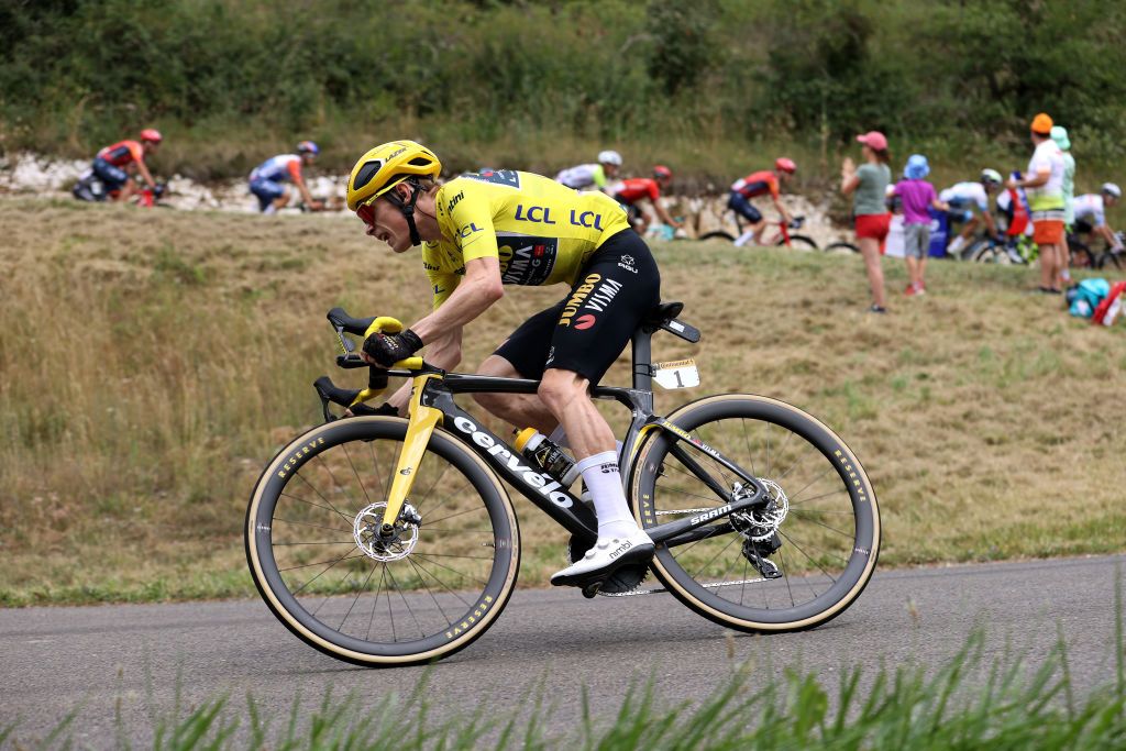 POLIGNY FRANCE JULY 21 Jonas Vingegaard of Denmark and Team JumboVisma Yellow Leader Jersey competes during the stage nineteen of the 110th Tour de France 2023 a 1728km stage from MoiransenMontagne to Poligny UCIWT on July 21 2023 in Poligny France Photo by Michael SteeleGetty Images