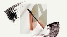 A stock image of a rose-gold mascara tube and mascara wand on a white background, alongside black and brown mascara swatches featured on the cream template