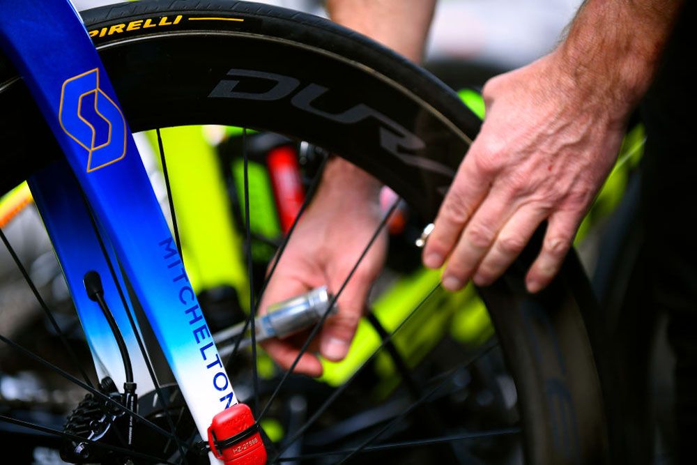 Matteo Trentin's bike gets some attention ahead of the Clasica de Almeria