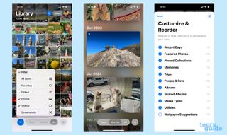 ios 18 photos app screenshots showing filters, month views and customization options
