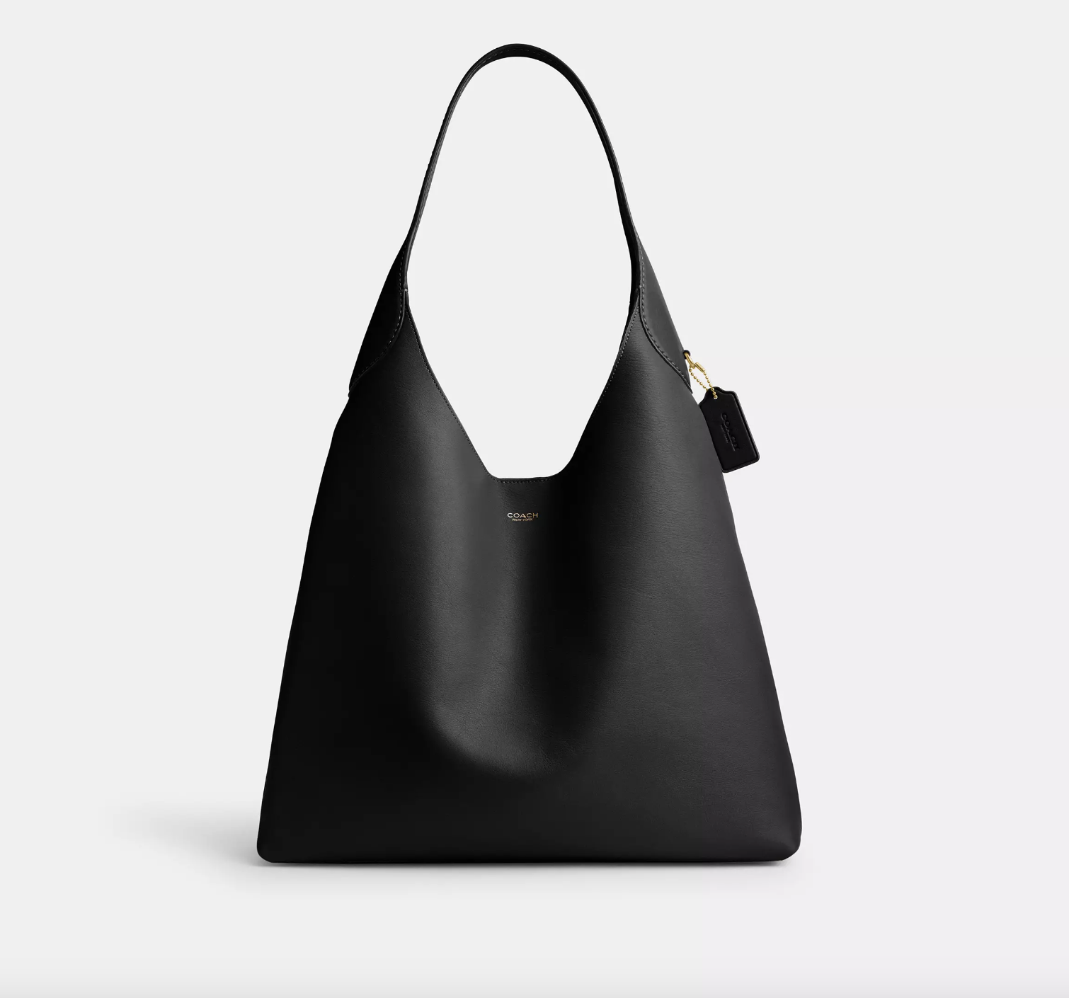 a black coach hobo bag in front of a plain backdrop
