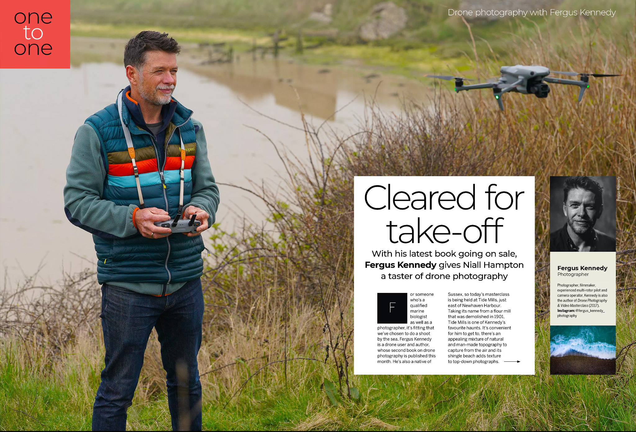 Opening two pages of One to One pro masterclass with drone photographer Fergus Kennedy in issue 281 (May 2024) of Digital Camera magazine