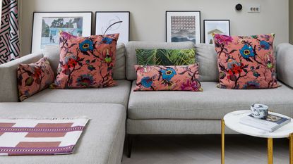 Living room with blue velvet sofa and bright cushions.