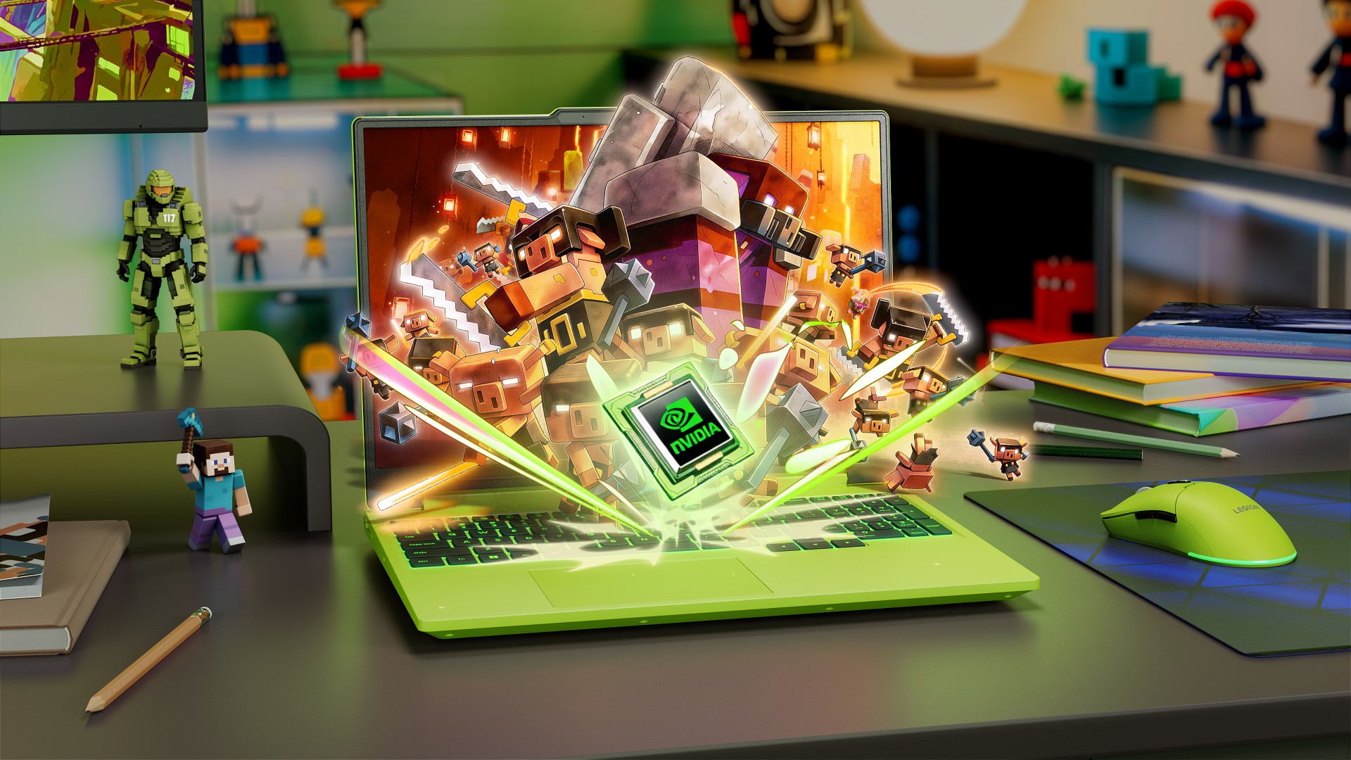 Green Lenovo LOQ gaming laptop with Nvidia logo and gaming characters on a desk