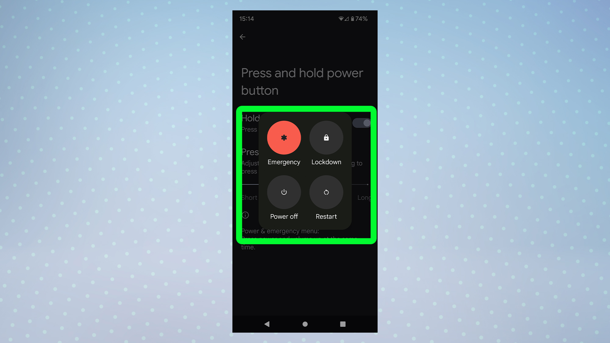 Снимок экрана с Android 12, показывающий меню отключения питания