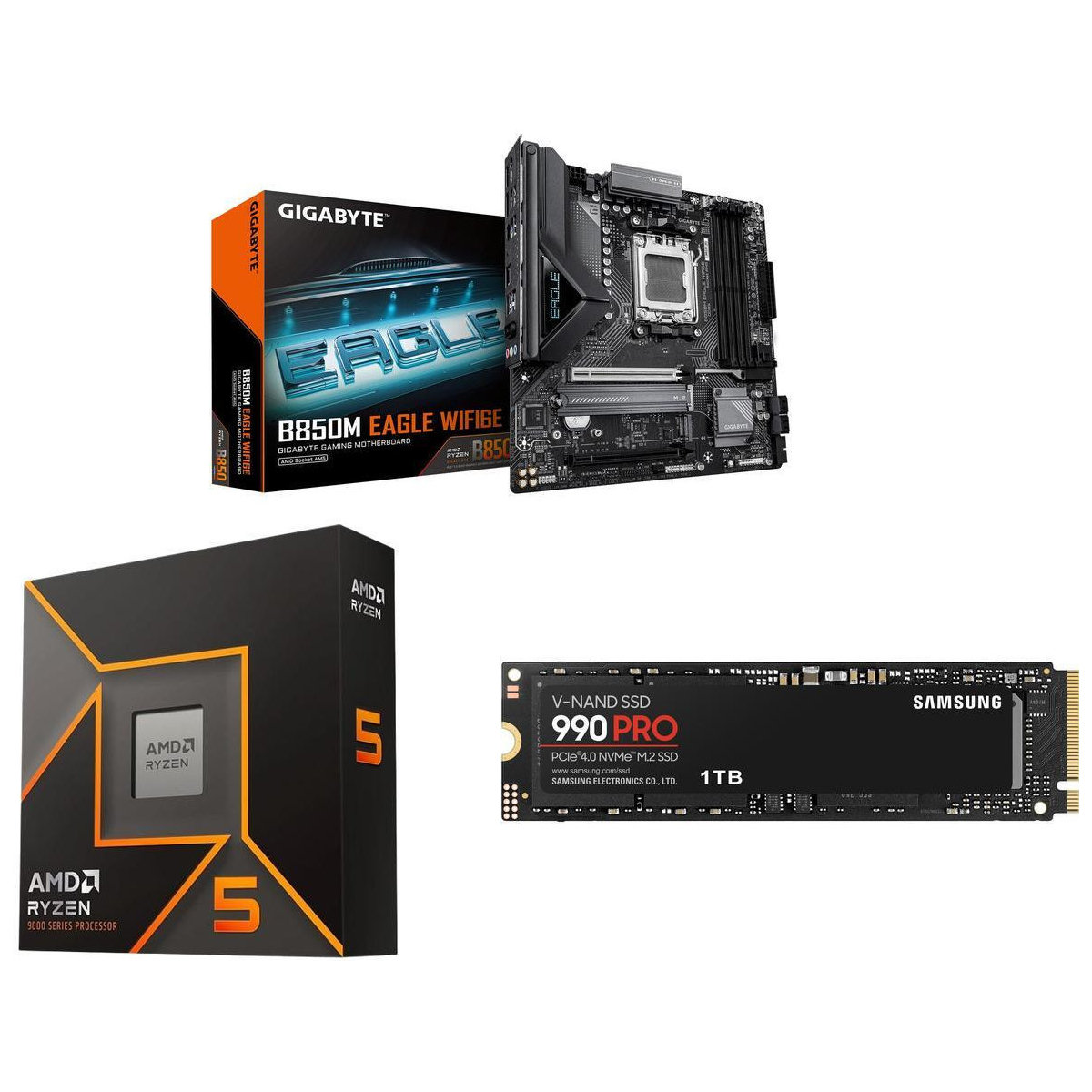 An image showing an AMD Ryzen 5 9000-series retail box, a Gigabyte B550M Eagle WiFi motherboard, and a Samsung 990 Pro SSD
