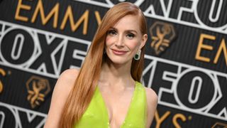 Jessica Chastain is pictured with a side-swept hairstyle and side fringe at the 75th Primetime Emmy Awards held at the Peacock Theater on January 15, 2024 in Los Angeles, California.