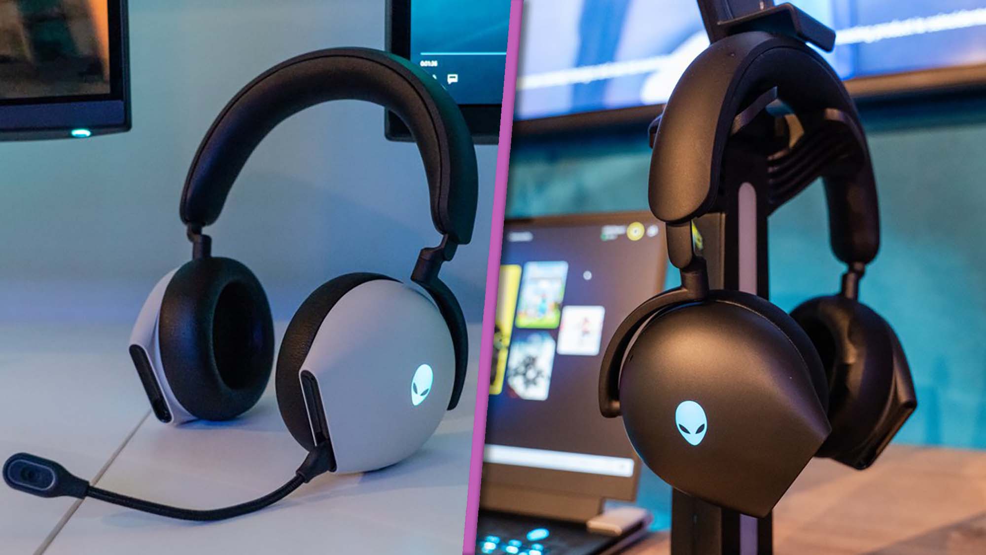 A side-by-side view of Alienware Tri-Mode wireless gaming headsets in white and black color options