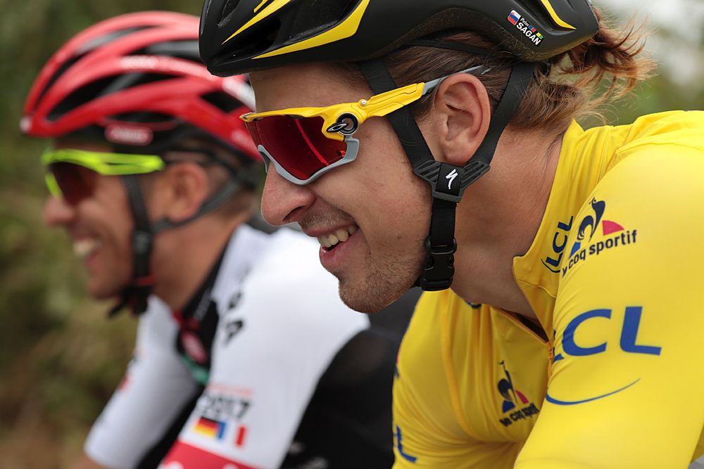Peter Sagan (Tinkoff) all smiles at the start of stage 3 in the yellow jersey