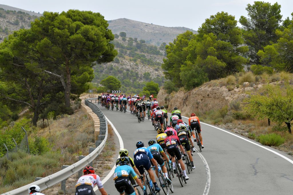 A rear view of the peloton speeding through the Spanish countryside