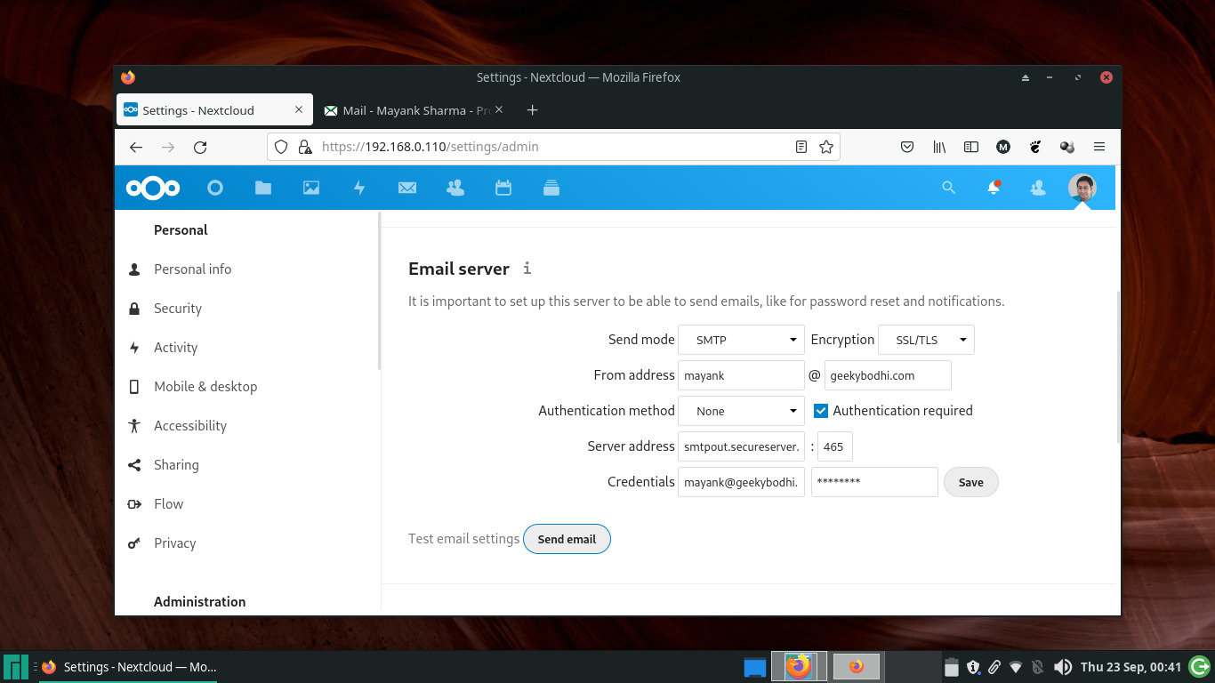 tangkapan layar pengaturan server email antarmuka administrasi Nextcloud