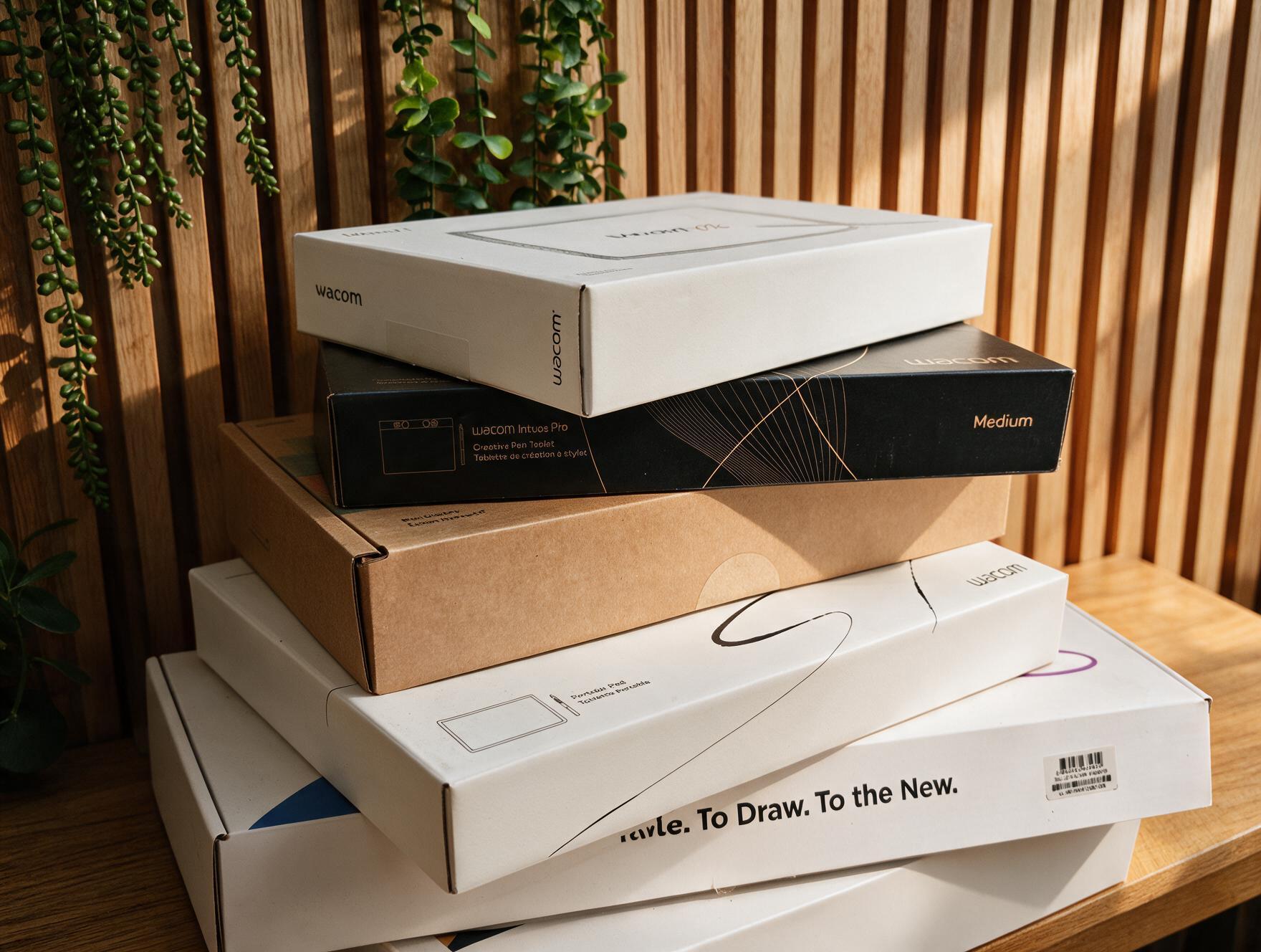 Boxed drawing tablets on a desk