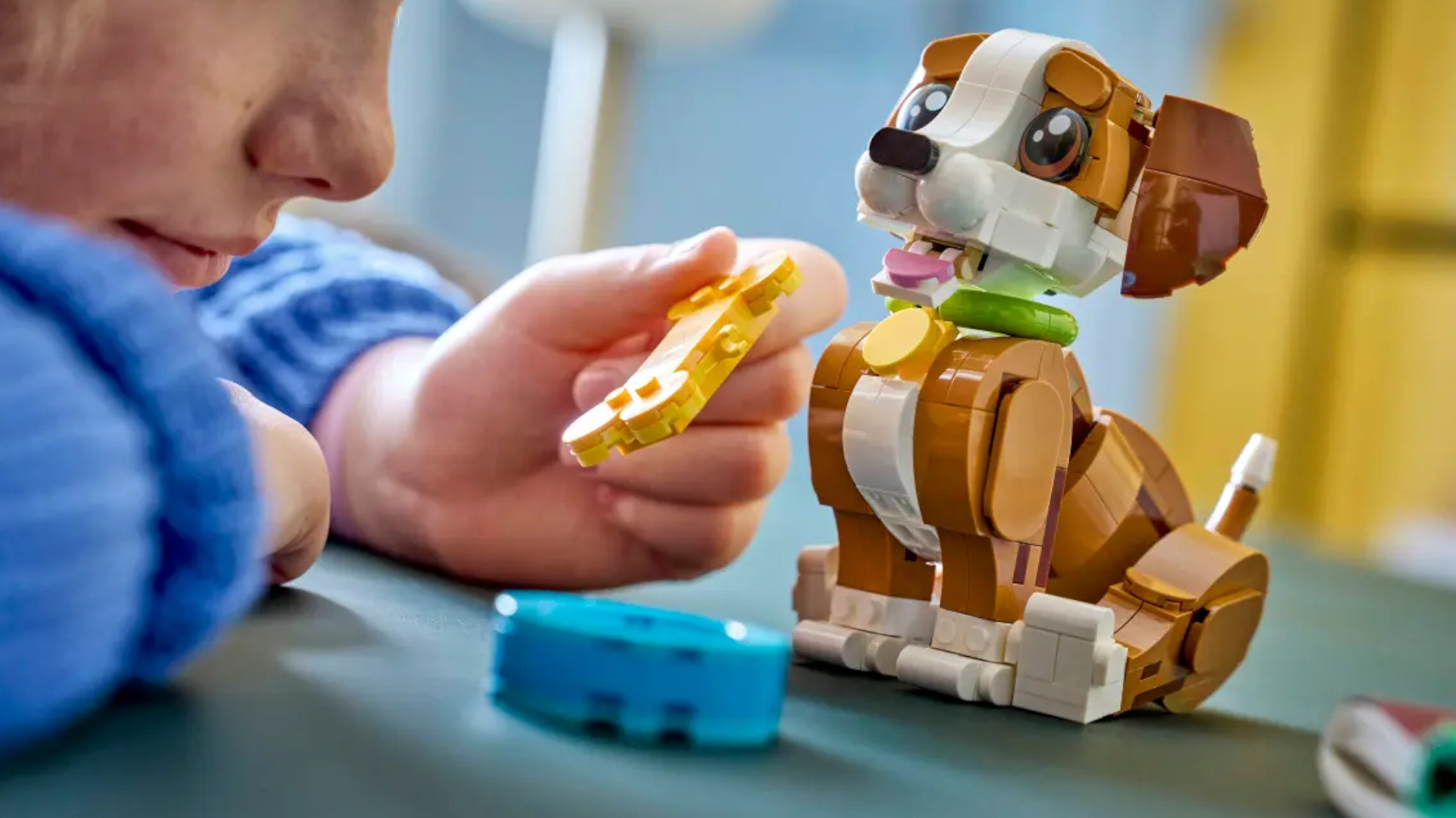 A child holds out a Lego bone to a Lego dog