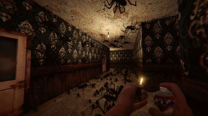 A room full of giant spiders is illuminated by a small ceiling light