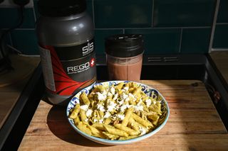 Bowl of pasta and a protein shake